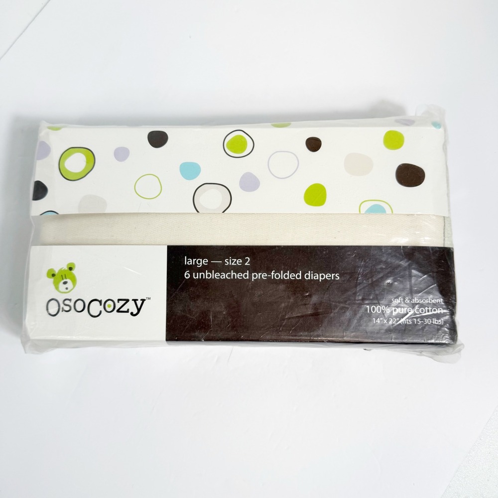 OsoCozy Pre-Folded Cloth Diapers Unisex Size 2 Natural Unbleached Cotton 6 Pack